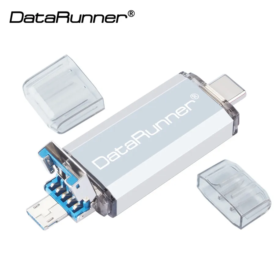 DataRunner 3 в 1 OTG флеш-накопитель USB3.0& Тип type-C и Micro USB флэш-накопитель 512 ГБ 256 ГБ 128 Гб 64 Гб оперативной памяти, 32 Гб встроенной памяти OTG флеш-накопитель USB флеш-накопитель - Цвет: Серебристый
