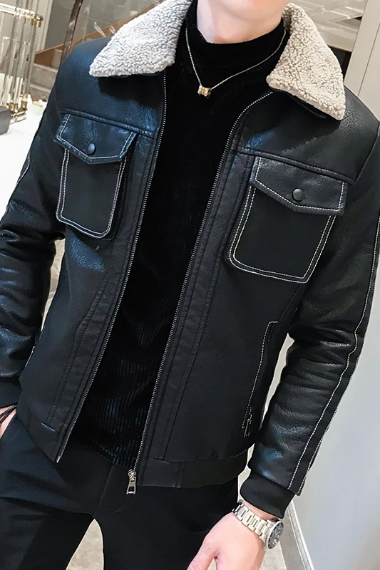 Popular Faux Fur Coat Men Men Add Woolen Leather Wash Leather PU Leather Men Motorcycle Leather Coat