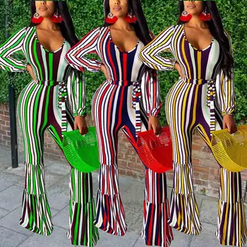 

SUNGIFT 1 Piece African Women Clothing Dashiki Jumpsuit Long Sleeve V Neck Top and Flares Pants Stripe Print 2019 Autumn New