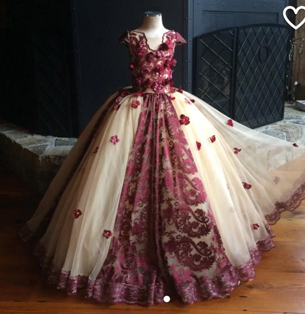 Wine-Colored-And-Cream-dress-3-D-Flower-Puffy-Kids-Pageant-Dress-First-Communion-Dresses-For