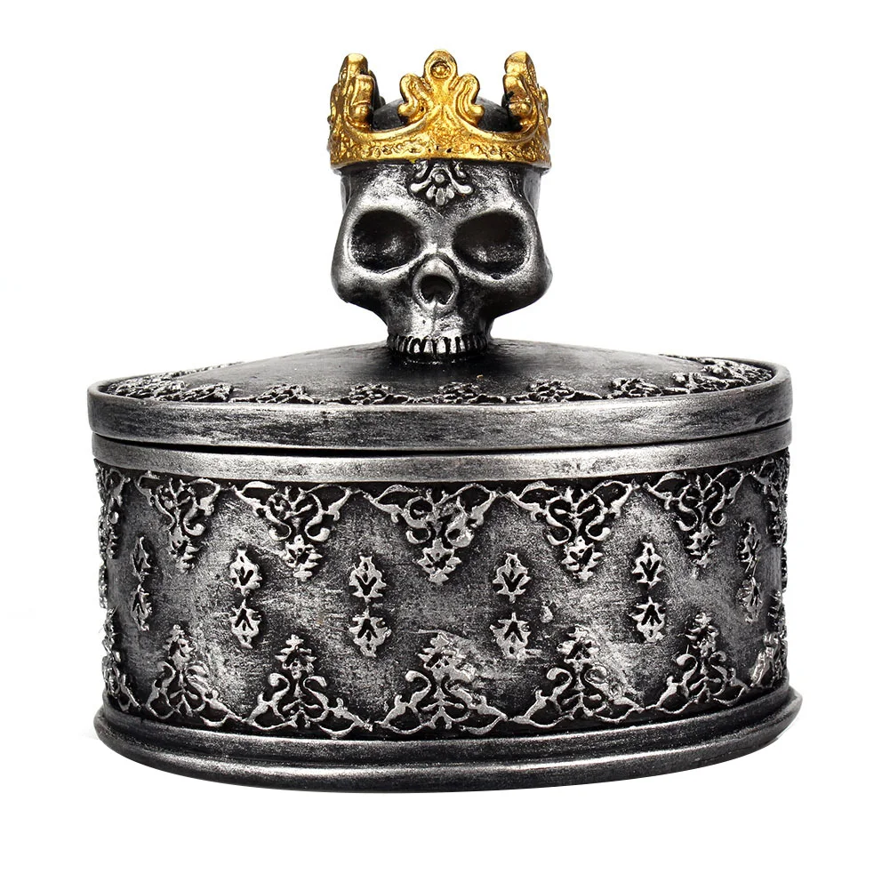 

Decor Container Packaging Mini Storage Jewelry Box Desktop Organizer Resin Halloween Gifts Necklace Ring Crowned Skull Earrings