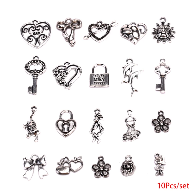 10Pcs/Set Vintage Silver Alloy Heart Flower Charms DIY Pendants Jewelry Findings New