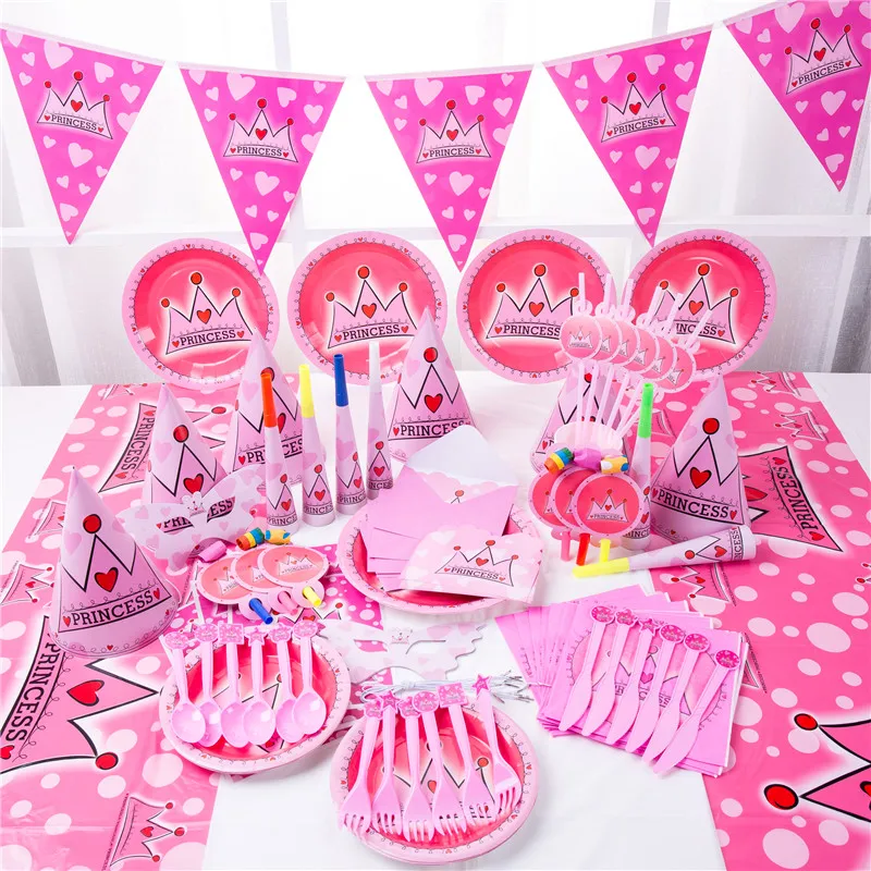 

90Pcs Pink Crown Princess Theme Birthday Party Unicorn Plates Banner Hat Kids Birthday Party Favors Unicorn Cups Party Supplies
