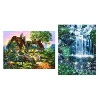 

2 Set 5D Diy Cross Stitch Full Circular Diamond Embroidery Landscape Rhinestones Diamond Rural Scenery & Waterfall