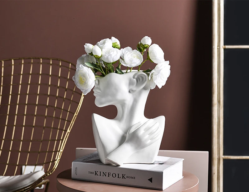 Полудрагоценный керамический цветочный горшок с человеческим лицом, белая фигура, скульптура, ремесла, настольная Цветочная композиция, контейнер для украшения сада