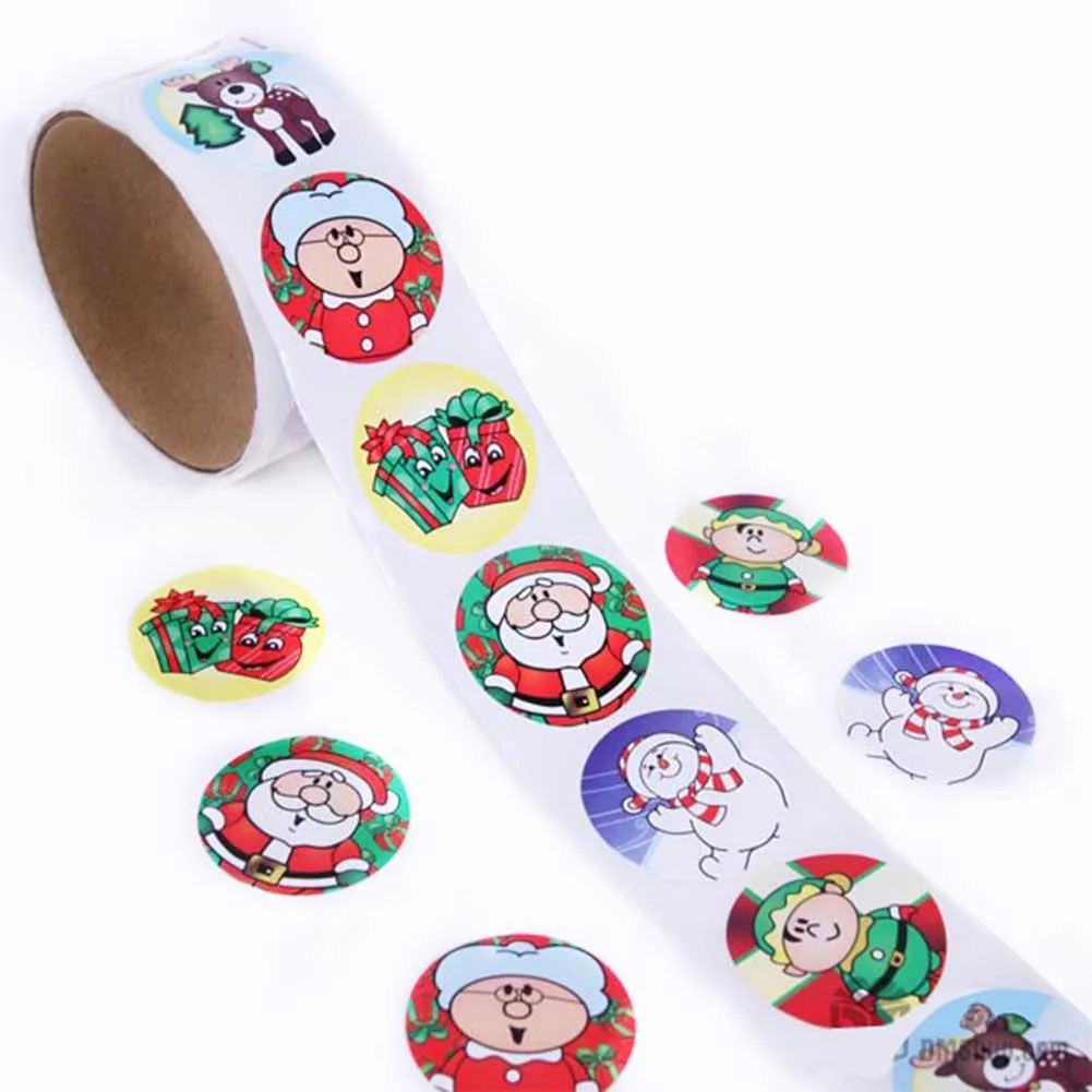 

100 Pcs/pack Reel Christmas Pattern Festival Pencil Case Toy Cartoon Roll Sticker Book Kids Adhesive Stationery Decor Round