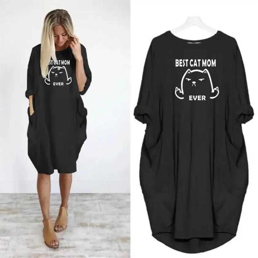 Vestido Melhor Gato Nunca Letras Imprimir Bolso Roupas Vintage Maxi Feminino Floral Zanzea 100% Algodão Mais Tamanho Mãe 9 High Quality Moda Feminina