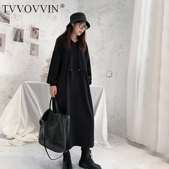 

TVVOVVIN Fashion Black Dress New Women 2020 Autumn Pleated Full Sleeve Drawstring Small Fresh Casual Style Loose Dress WJ1247