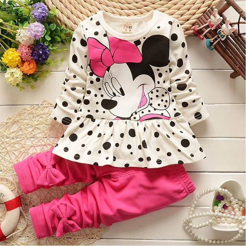 Fall Baby Girls Clothing Outfits Toddler Kids Cartoon Minnie Dot Long Sleeve T-shirt+Pants Sets Children Boy Clothes | Мать и ребенок