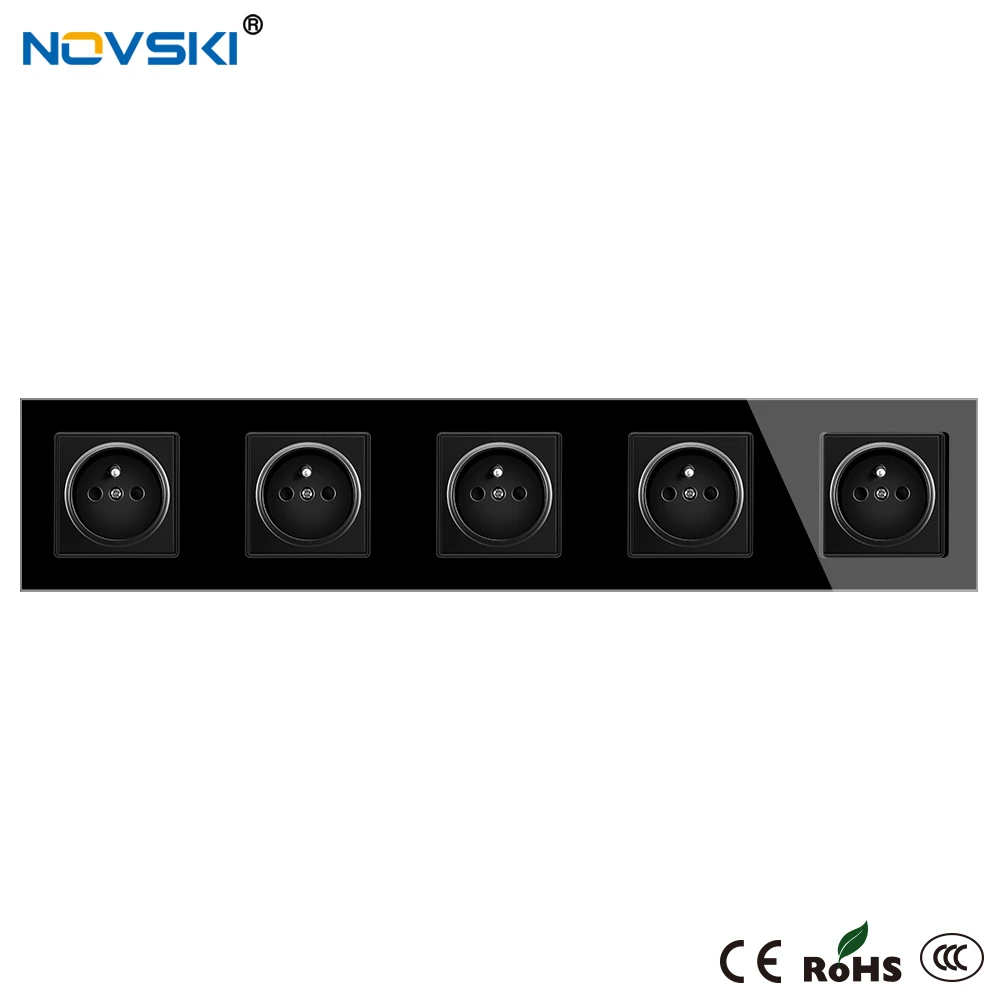 EU French Wall Crystal Glass Black Panel Power Socket Triple Plug Grounded, 16A Quintuple Electrical Socket, 15 Years Warranty