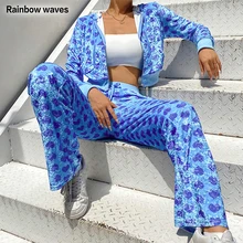 

Rainbowwaves Two Piece Set Women Elegant Tracksuits 2021 Autumn Velvet Streetwear Love Embroidery Zipper Top Long Pants Sets