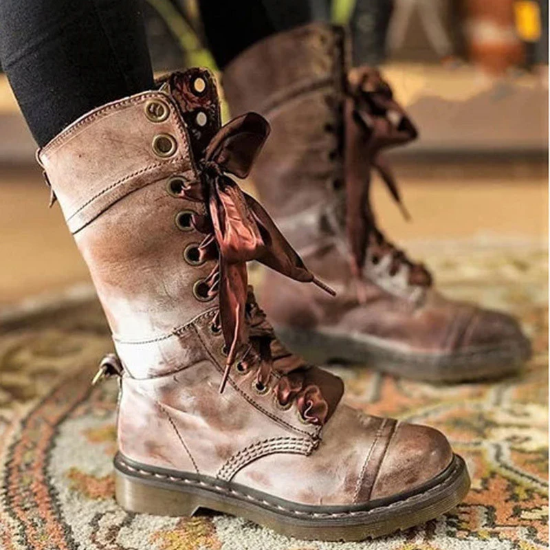 

Winter Women Military Combat Biker Boots Floral Leather Low Heel Lace Rubber Up Mid Calf Punk Black Platform Rubber Botas Mujer