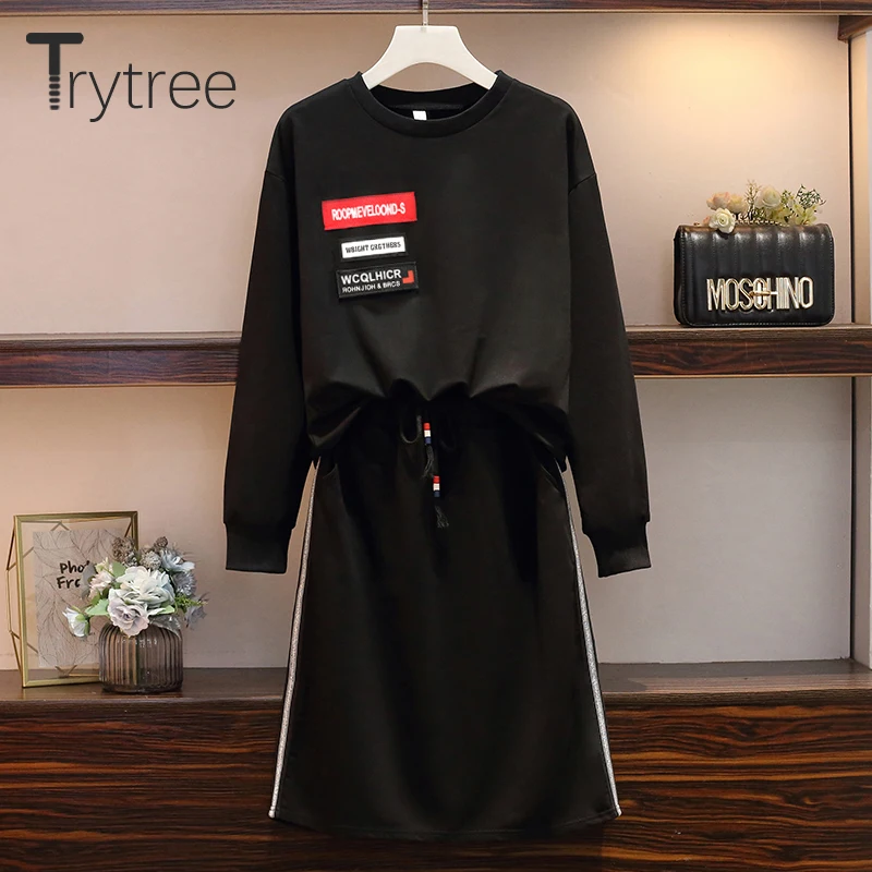 Trytree осенние комплекты из двух предметов Женские топы с круглым вырезом+ юбки длиной до колена с эластичным поясом с карманами на шнурке повседневный комплект из 2 предметов