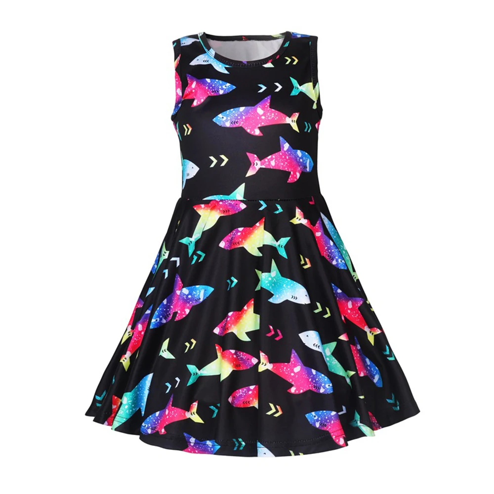 

2019 New Little Girls Beauty Pleated Dress Sleeveless Small Shark Printing Tank Dress Girls Clothing Kids Dress
