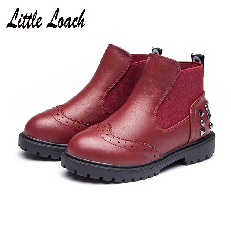 Autumn Winter Girls Short Boots PU Leather Lace Rivet Decoration Fashion Martins Boots Slip-on Casual Ankle Shoes Size 26-37