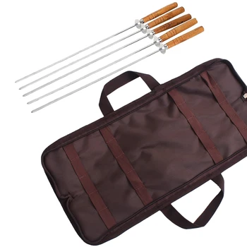 

5 Piece Set Outdoor Bbq Stainless Steel Barbecue Needle Picnic Supplies Wooden Handle With Sliced Grilled Meat Skewer