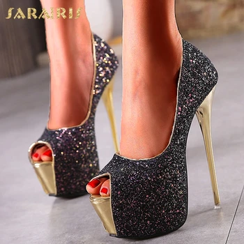 

Sarairis 2020 New Design Sequined Cloth Party Wedding Pumps Woman Shoes Super Thin High Heels Platform Bling Shoes Lady Sandals