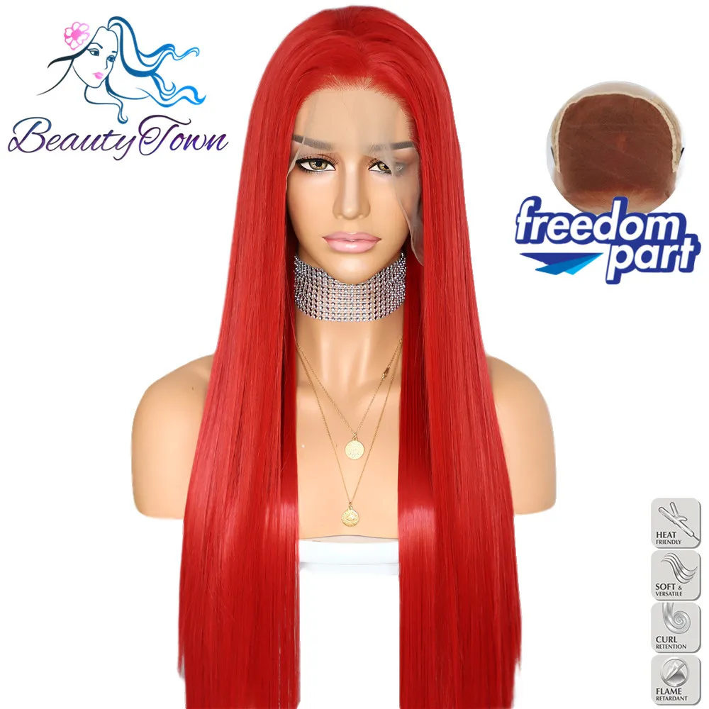 

BeautyTown Red 13x6 Big Lace Free Part Futura NoTangle Heat Resistant Hair Daily Wedding Makeup Layer Synthetic Lace Front Wig