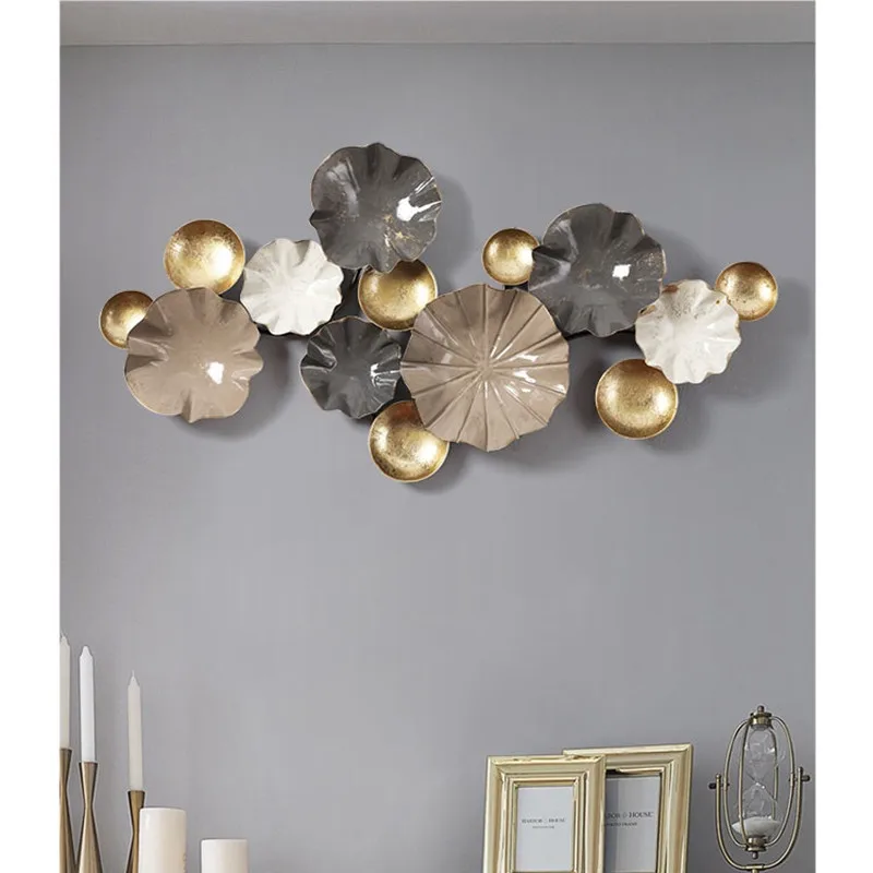 91cm American Luxury Iron Lotus Leaf Wall Hangings Stereo Background Wall Decor Living Room Iron Wall Decorations For Home R3195
