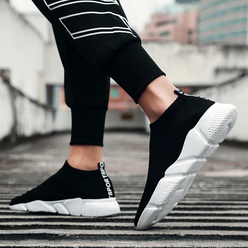 

Men's Sneakers Slip-on Shallow Male Tennis Mesh Breathable Soft Flyweave Sock Top Jogging Casual Sports Shoes Men