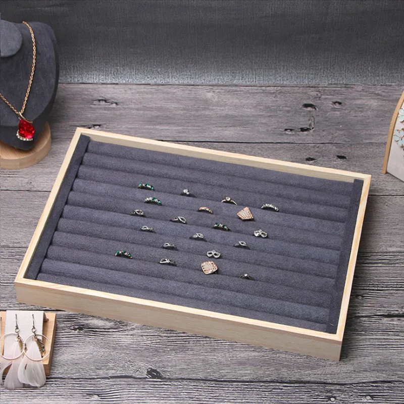 New Wooden Necklace Ring Jewelry Tray Deep Gray Suede Nap Fabric Jewellery Box Organizer Wooden Earrings Rangement Packaging
