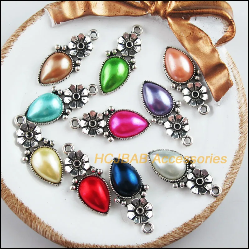 

10 New Teardrop Charms Tibetan Silver Tone Retro Mixed Acrylic Pendants 13x28.5mm