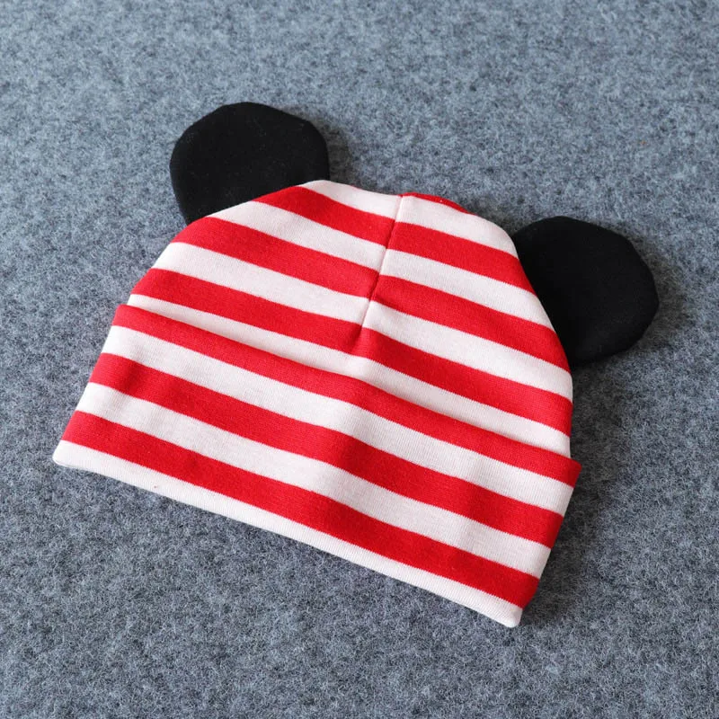 Милая детская шапка с ушками, вязаная шапочка из хлопка для мальчиков, шапки осень/зима для девочек, теплая шапочка для малышей, Детские шапочки для новорожденных - Цвет: red striped