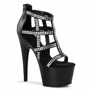

Sexy Rhinestone Black Roman Hollow Sandals 7 inches Baking paint Narrow band Punk 17CM High heeled shoes Nightclub Pole dancing