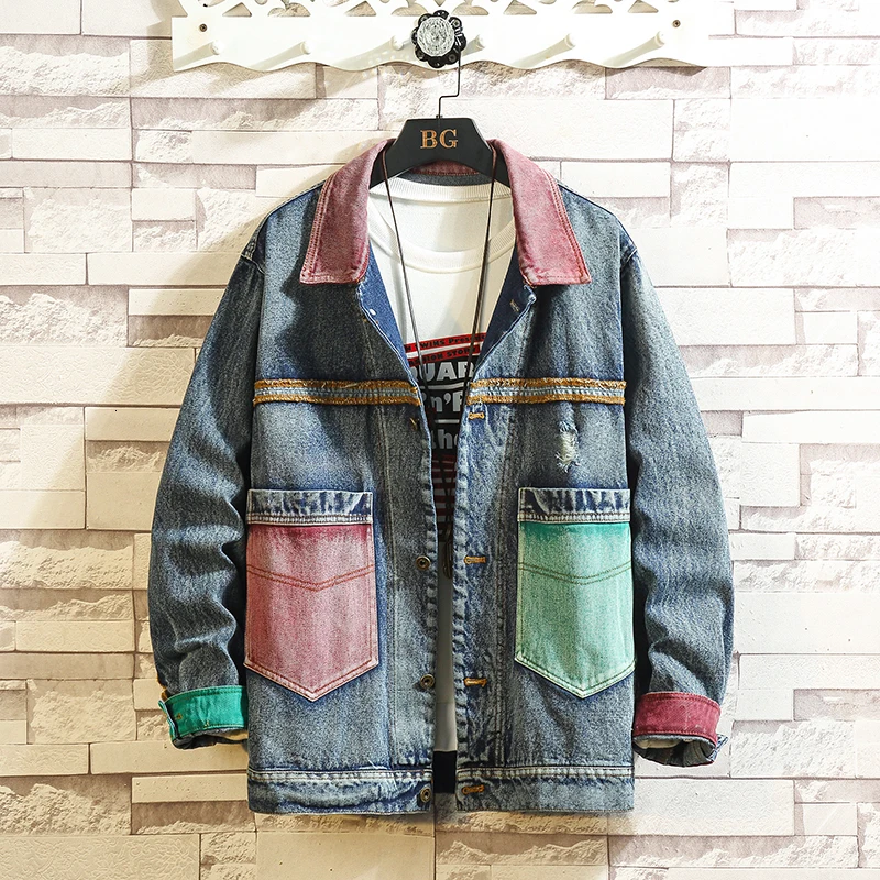 

2019 autumn Japanese denim jacket color matching coat men plus fertilizer loose trend clothes braid hip hop Thick Japan Style