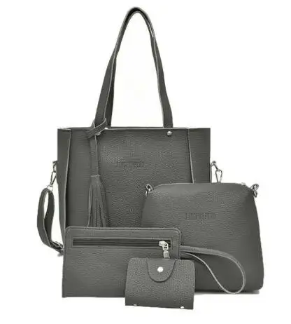 Комплект из 4 предметов, женская кожаная сумка, модные сумки с кисточкой, высокое качество, женская сумка на плечо для женщин, Большая вместительная сумка - Цвет: Темно-серый