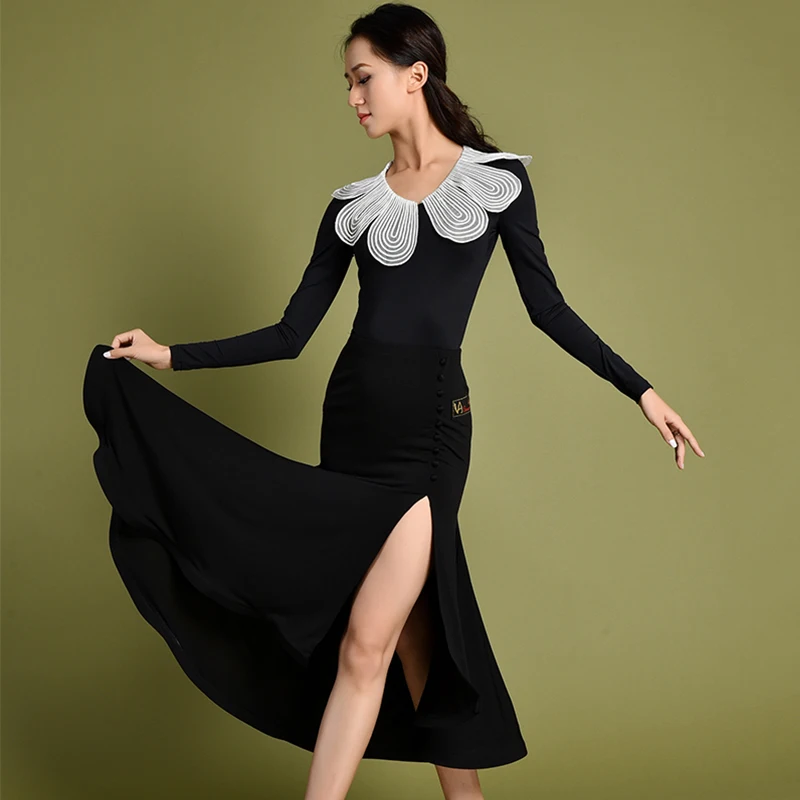 Latin Dance Dress Ladies Black Long Sleeve Bodysuit Split Skirt Women Tango Cha Rumba Samba Salsa Dancing Costumes DNV12436 |