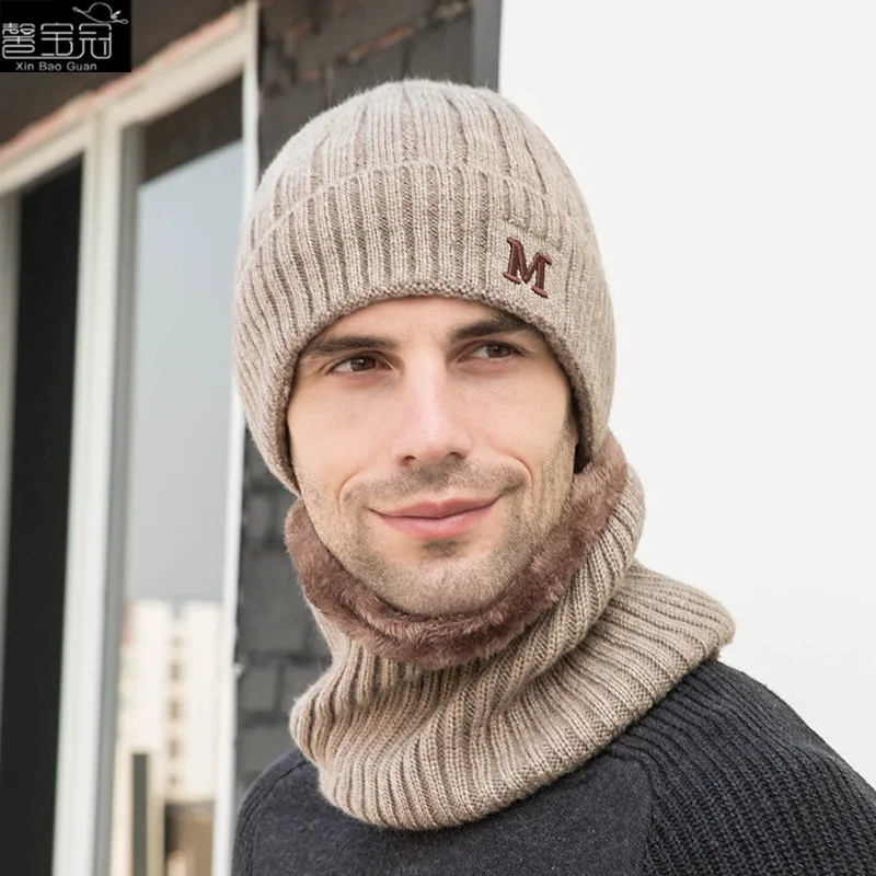 

Men's M-standard wool cap with velvet and thicker elastic winter windproof knitted wool cap and neck collar