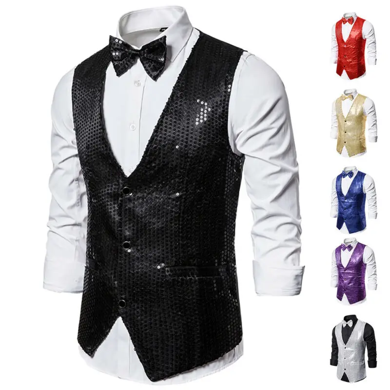 Stylish Men&rsquo;s Blazer Vest Coat Formal Slim Shiny Sequin Glitter Embellished Blazer Jacket Sequin Party Stage Coat cotton vest dress vests