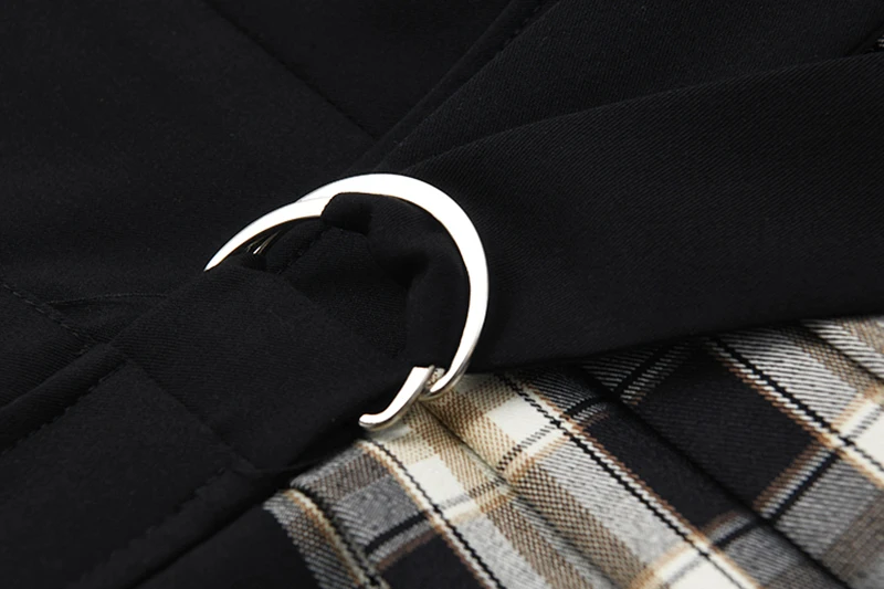 [EAM] Women Black Brief Plaid Stitch Temperament Dress New Lapel Long Sleeve Loose Fit Fashion Tide Spring Autumn 2020 1Z704