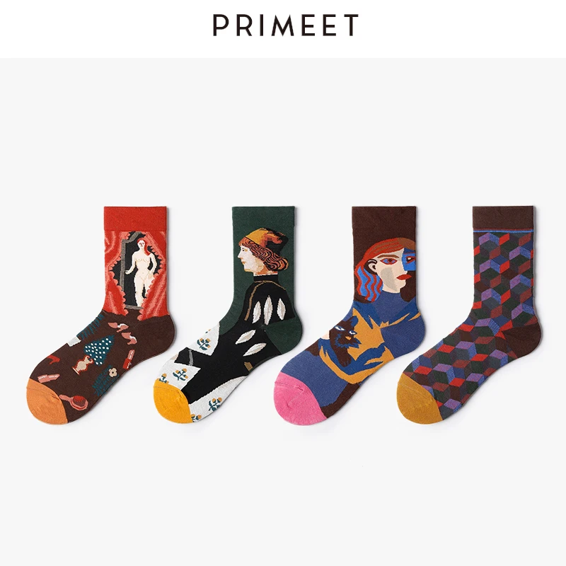Женские носки Харадзюку Забавный дизайнер в ретро стиле с абстрактными рисунками маслом, хлопковые детские носки, 5 пар в стиле «хип-хоп» унисекс Носки милым толстве длинные носки уютные ins