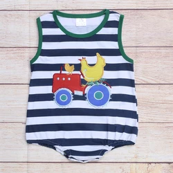 Barboteuse sans manches pour garçon, vêtements d'été, rayures bleu marine, rouge, tracteur, transport de poule, motif brodé, barboteuse pour bébé 