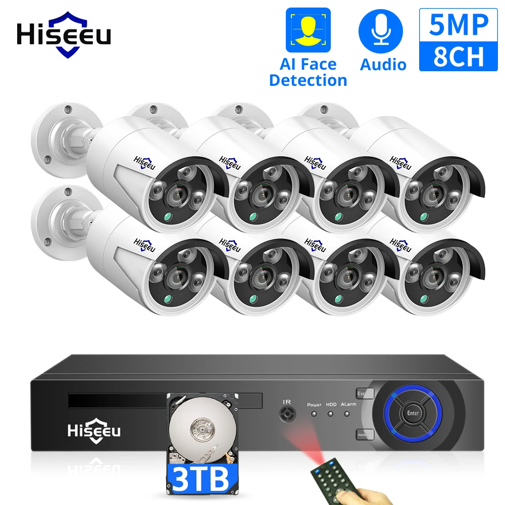 Hiseeu H.265 8CH 5MP POE Security Camera System Kit AI Face Detection Audio Record IP Camera IR CCTV Video Surveillance NVR Set
