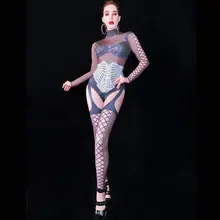 Печать комбинезон с высоким воротником боди, декорированное камнями одежда для сцены Для женщин праздновать певица кристаллы перетащите queen костюм трико