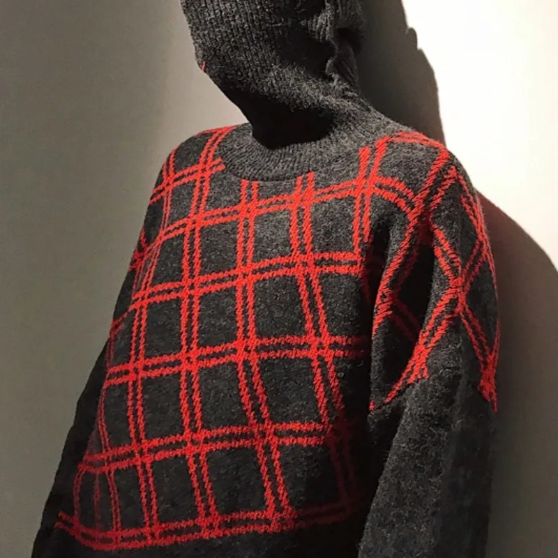 Winter Turtleneck Sweater Men Warm Fashion Sweaters Casual Plaid Sweter Clothes Man Streetwear Wild Loose Knit Pullover Men