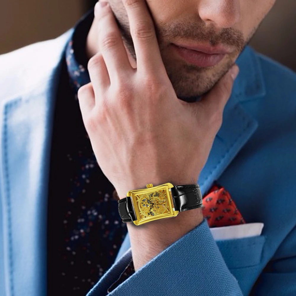 Cena Zwycięzca Retro Ladies mechaniczny zegarek zegarki na rękę męskie i damskie szkielet prostokąt zegarki skórzany pasek prezent dla par dla kochanka