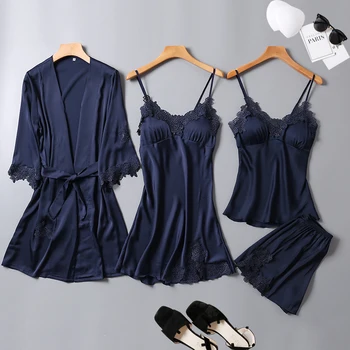 

New Female Satin Silk Robe & Gown Sets Lace Bathrobe + Night Dress 4 Four Pieces Sleepwear Womens Sleep Set Robe Femme Lingerie