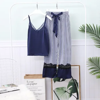 

2020 Summer New Lady Patchwork Pajamas Set Satin 2PCS Strap Top&Pants Casual Lace Nightwear Intimate Lingerie Sexy Sleepwear