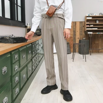 

Men Vintage Fashion Streetwear Hip Hop Elastic Waist Stripe Causal Pant Male Business Straight Suit Pant Harem Trousers
