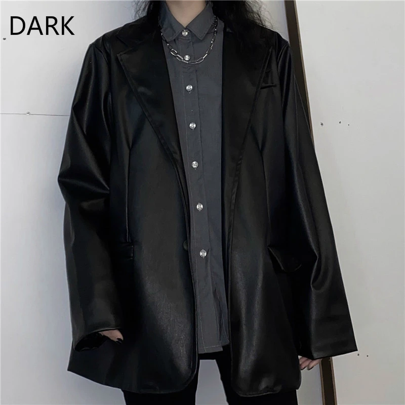 

DARK 2020 Autumn Korean Ins Leather Jacket Hong Kong Style Loose Retro Pu Leather Suit Jacket Couple Women