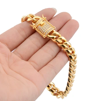 

Promotion 10mm Stainless Steel Miami Curb Cuban Chain Bracelets White Crystal Casting Clasp Bangle Hip hop Jewelry