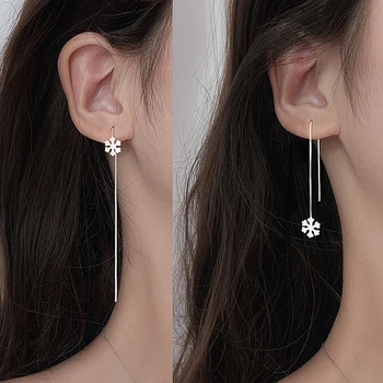 

LISM 925 Sterling Silver Korean Long Earrings Bridal Women Wire Drawing Snowflake Flower Dangle Earrings Wholesale