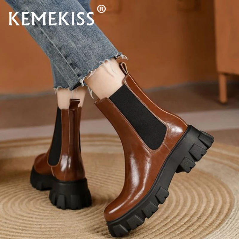 KemeKiss Women Round Toe Boots Mid Calf Platform Boots High Heels Pull On Boots