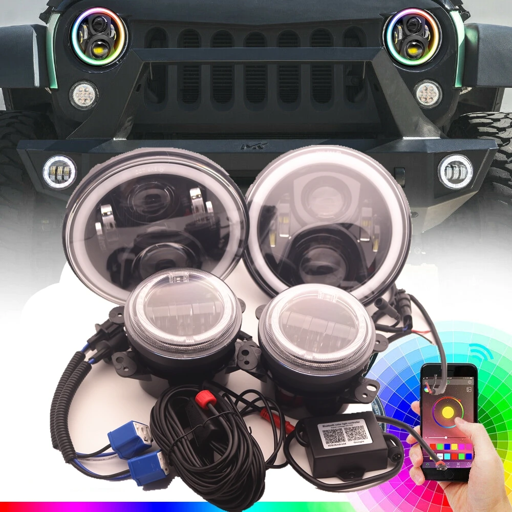 

1 Set for Jeep LED 7" Headlights Halo RGB With 4Inch Fog Lights Combo Bluetooth App Controlled For Jeep Wrangler JK