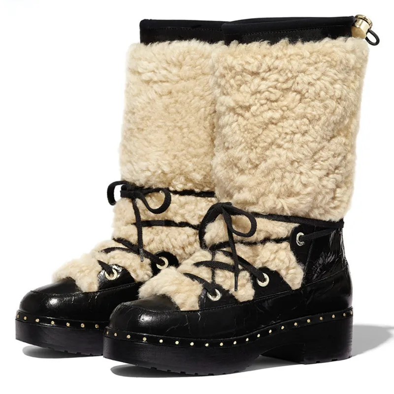 Новинка года; меховые полусапожки; женские зимние ботинки на шнуровке; теплые зимние ботинки на толстой подошве; женская обувь с украшением в виде цепочки; Zapatos De Mujer - Цвет: apricot
