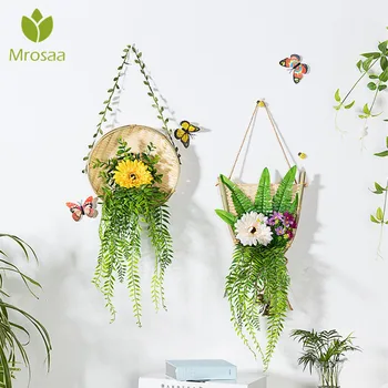 

Bamboo Weaving Basket Artificial Flowers Vine Willow Plant Silk Rose Hanging Wall Rattan Flower Home Wall Decor Fake Flowers